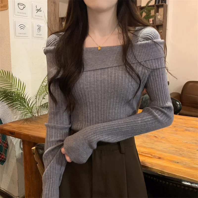 thumbnail image 1 of Suéteres asimétricos para mujer, cuello cuadrado, lisos, otoño, prendas de punto, estilo coreano, temperamento holgado, ropa de calle sencilla y elegante para uso diario., 1 of 5
