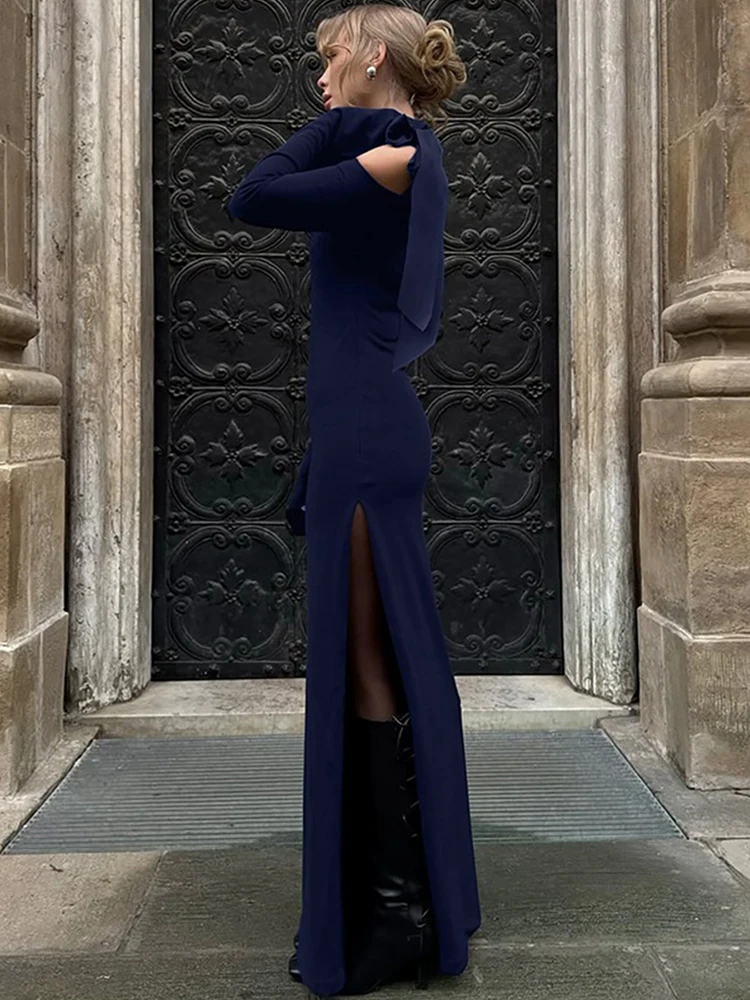 Nibber Full Flare Sleeve Dress Women Lace-Up Split Sexy Diagonal Collar Elegant Prom Party Stretch Slim Simple Solid Bodycon