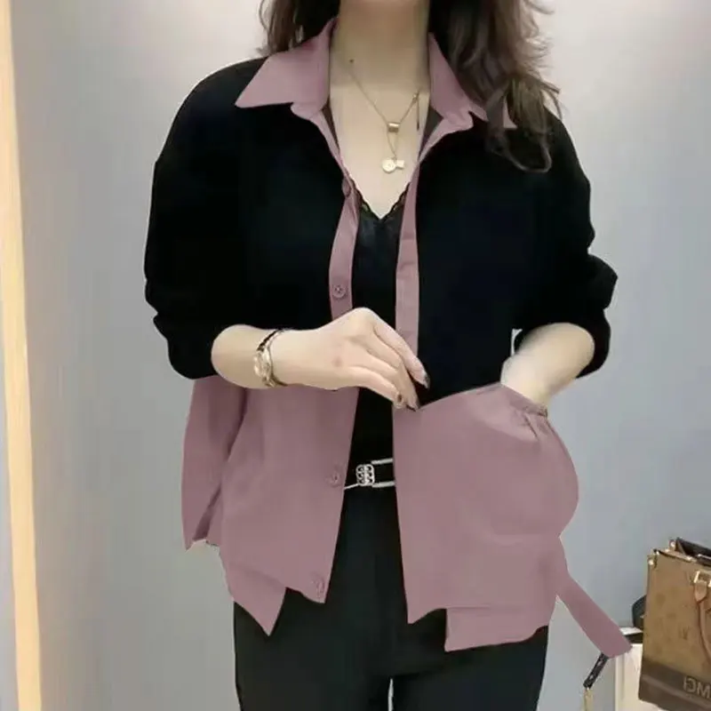 Elegant Fashion Harajuku Slim Fit Female Clothes Loose Casual All Match Outerwear Patchwork Button Cardigan Long Sleeve Tops