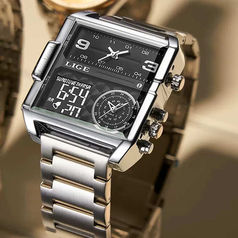 Square Watches Men's Luxury Top Brand LIGE Quartz Wristwatch Fashion Sport and Causal Business Watch Male Clock Reloj Hombres