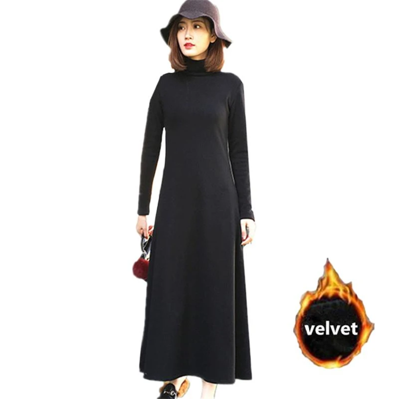 

Winter Women Long Maxi Dress Ukraine Style Turtleneck Pullover Knitted velvet Dress plus size Thick vintage Vestidos 5XL 6XL