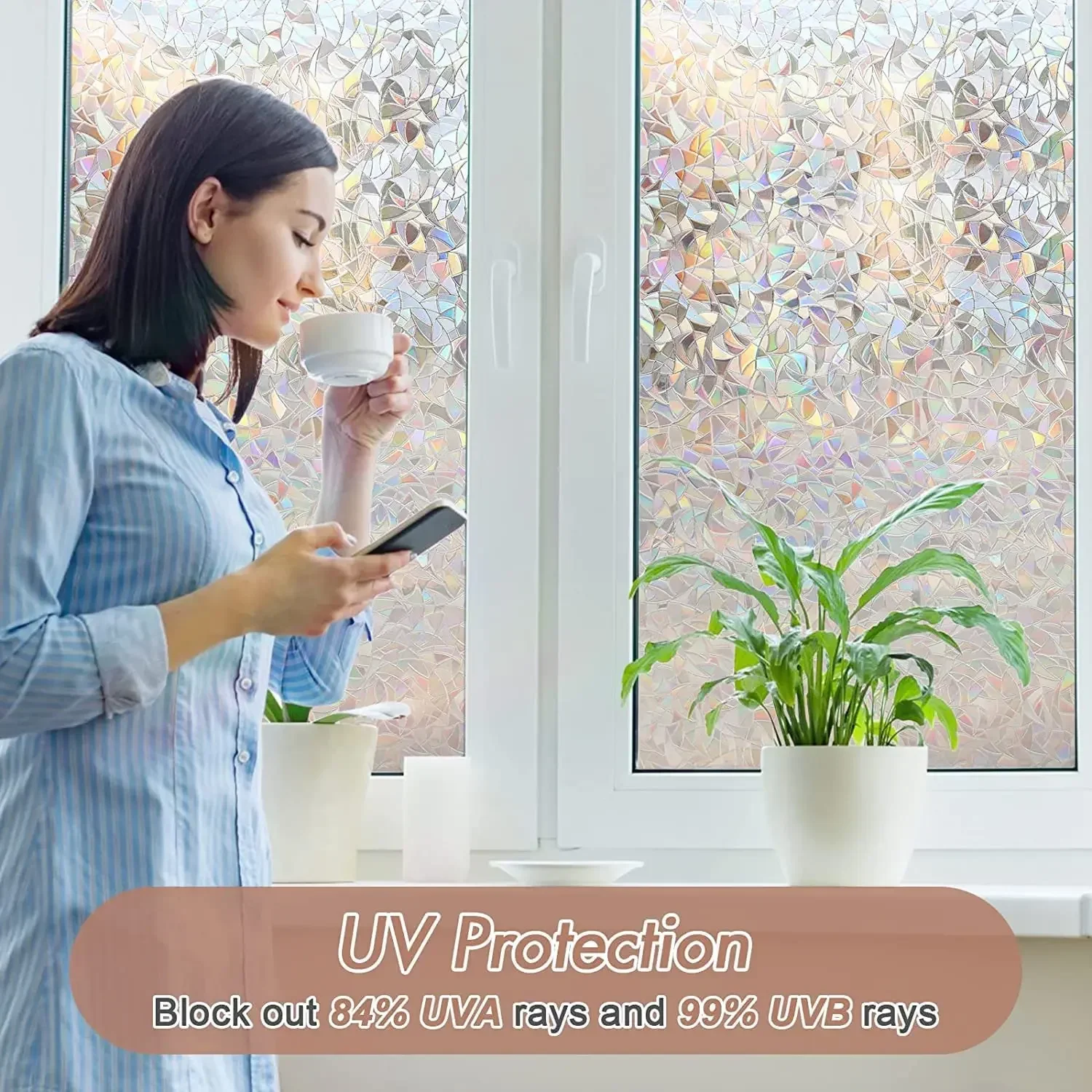 Window Film Rainbow Static Cling Stained Glass Window Covering Sticker Non-Adhesive Removable Reflective for Home