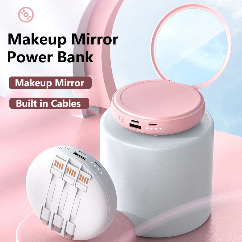 20000mAh Makeup Mirror Power Bank With Micro USB Type C Cable Portable