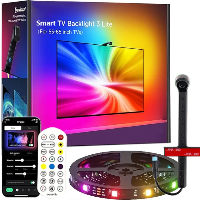 Rétro-éclairage LED pour Smart TV, avec caméra, pour écrans de 55 à 75 pouces, bande lumineuse RGBIC, synchronisation sur écran et musique, décoration de salle de jeu 1