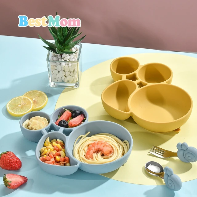 Juego de tenedor y cuchara de silicona para bebé, 1 tenedor de silicona, 1  cuchara de silicona para bebé, auto alimentación, mango de madera, cuchara