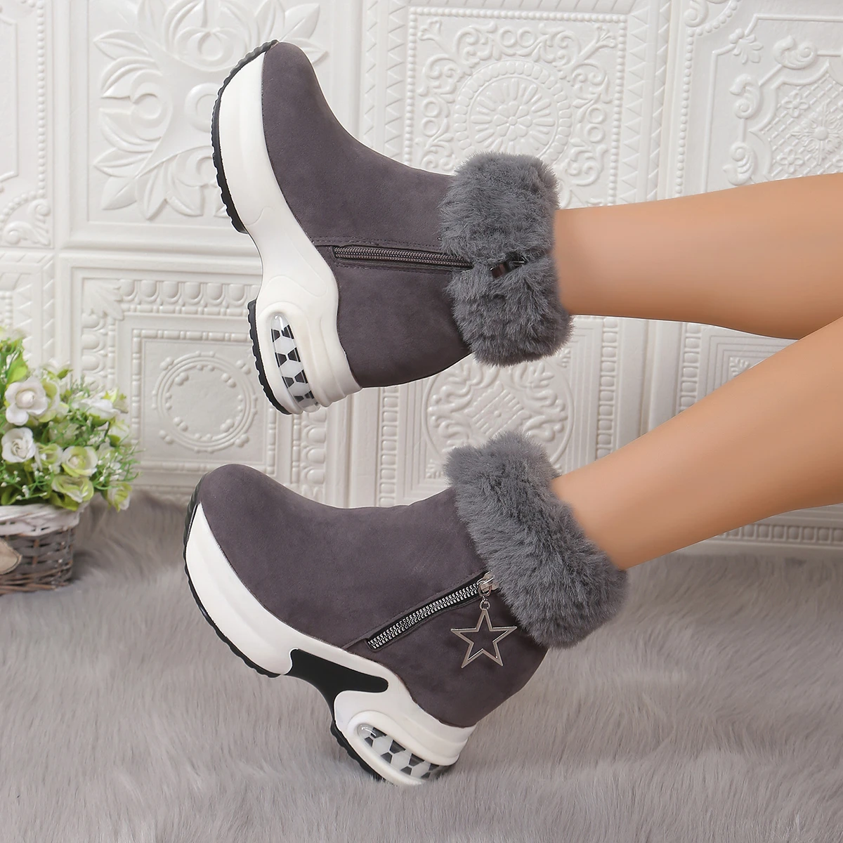 Women Boots Winter 2024 New Casual High Heels Warm Boots Thickened Fluff Wedge Shoes Fashion Outdoor Platform Snow Boots Women - 3
