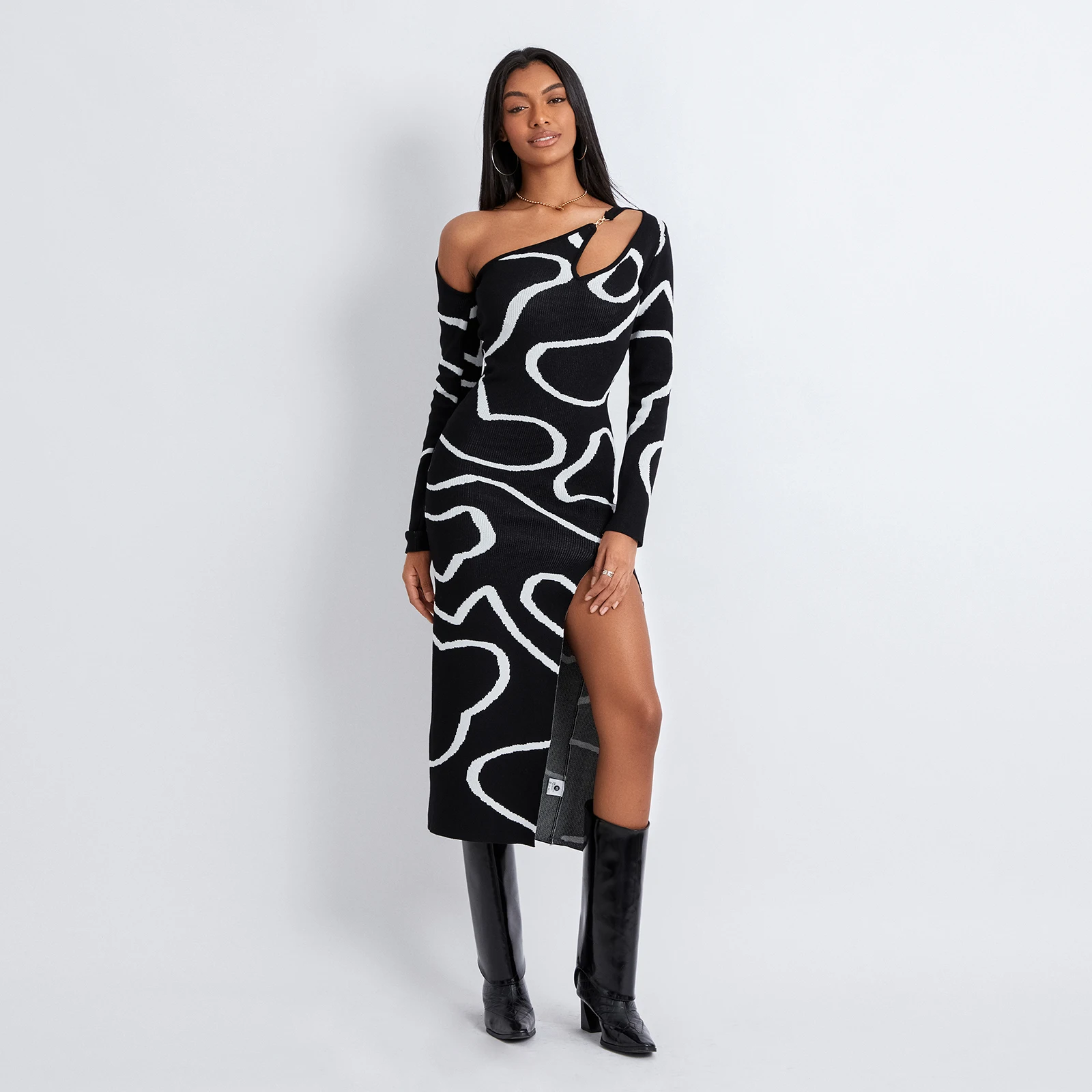 

Fashion Print Cold Shoulder Long Sleeve Thigh Slit Slim Dress Women Asymmetric Spring Fall Long Dress