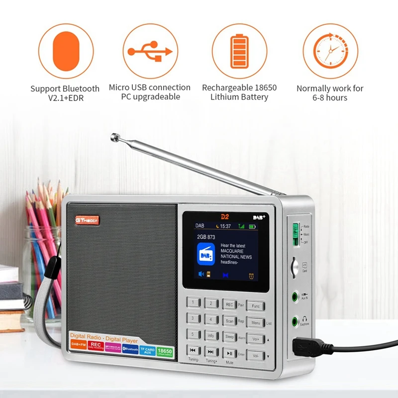 FM Radio Module GTMEDIA D2 Portable Radio FM/DAB+ Digital Radio With RDS, 2.4" LCD Display, 60 Preset Stations, Enhanced Reception