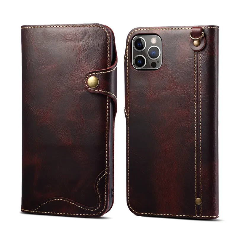 Elegant Genuine Leather Wallet Phone Case with Hand Strap