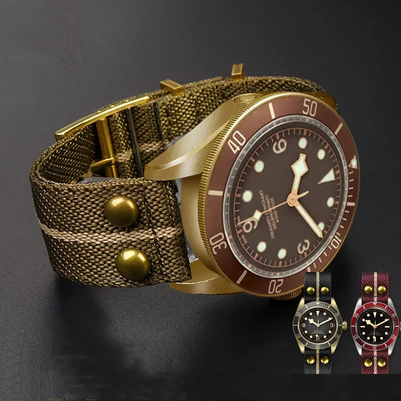 Retro Con Rivetti Cinturino In Nylon Per Tudor Bronze Copper Flower Water Proof Black Shield Cinturino In Oro Nero 22Mm