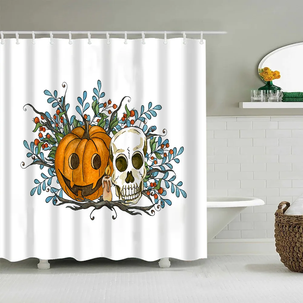 

Halloween Shower Curtains Funny Pumpkin Skull Orange Maple Leaf Fall Cartoon Happy Party Bathroom Curtains Decor Sets with Hooks