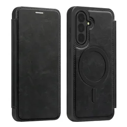 Luxury Leather Flip Case - Magnetic Shockproof Cover with Premium PU Wallet Holder - Galaxy A55 (Black)