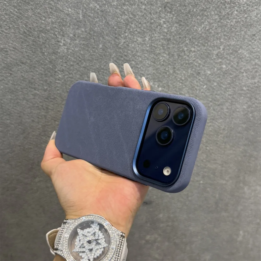 Dark Blue Fleece Leather Business Phone Case with Large Cutout Design