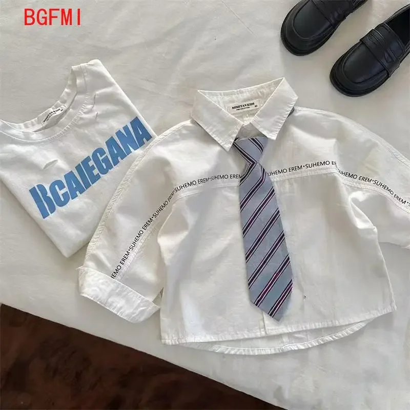 Children's Shirt Preppy Style Spring and Autumn New Boys Girls cotton Letter Tie Long Sleeved White Blouse Kids Loose Casual Top