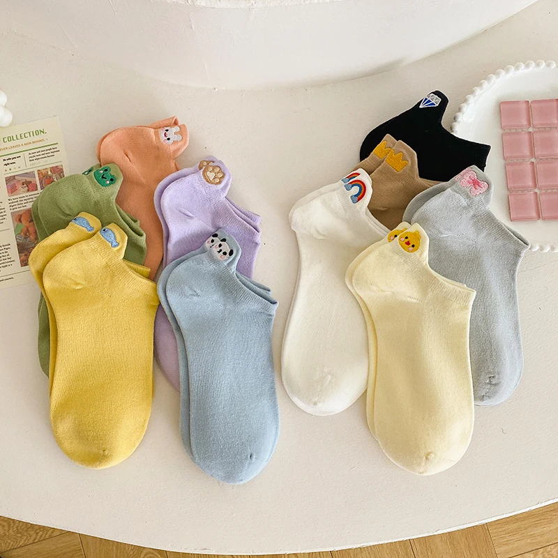 5 Pairs Korean Style Kawaii Candy Color Ankle Socks – Funny Animal Design, Cotton, Spring/Summer Collection