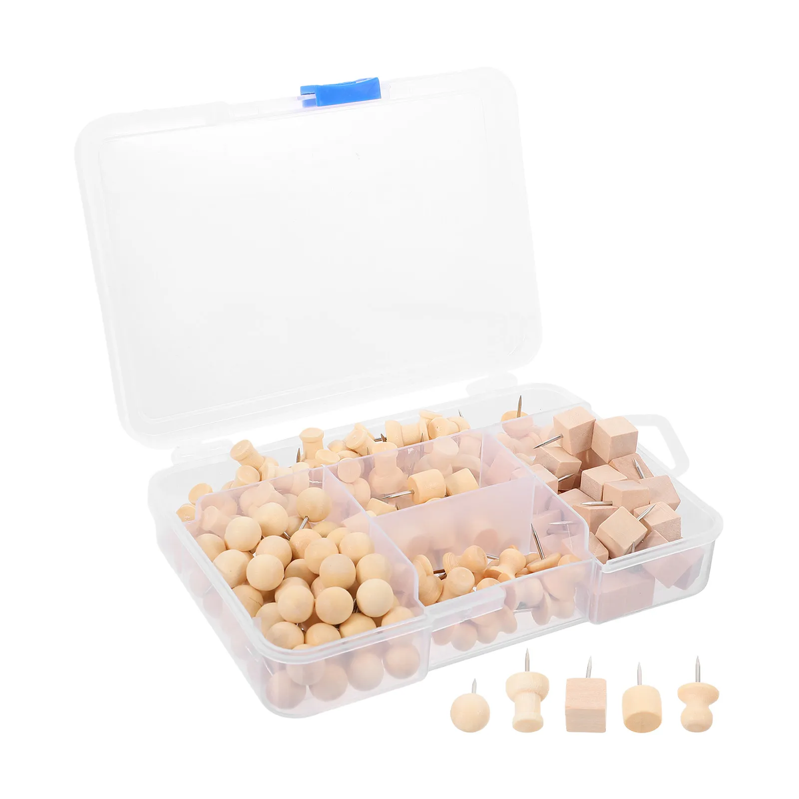 180Pcs 나무 푸시핀 코르크 보드 사무실 가정용 천연 장 못 5가지 독특한 모양 투명 보관함 게시판