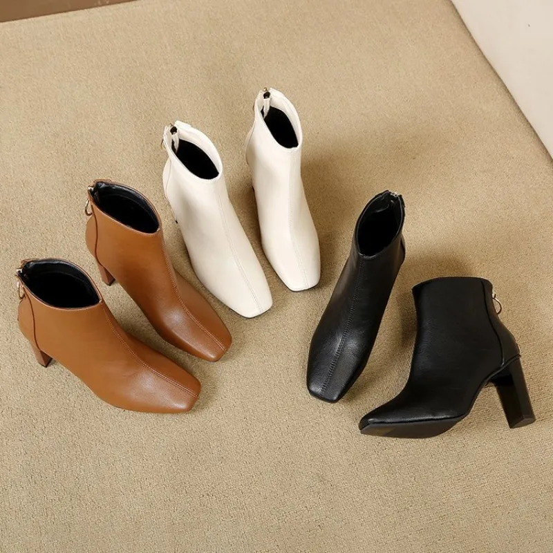 Elegant Boots Women PU Square Toe Thick Heel Boots Women 2023 Winter New pu Zipper Fashion Solid Color Boots Women