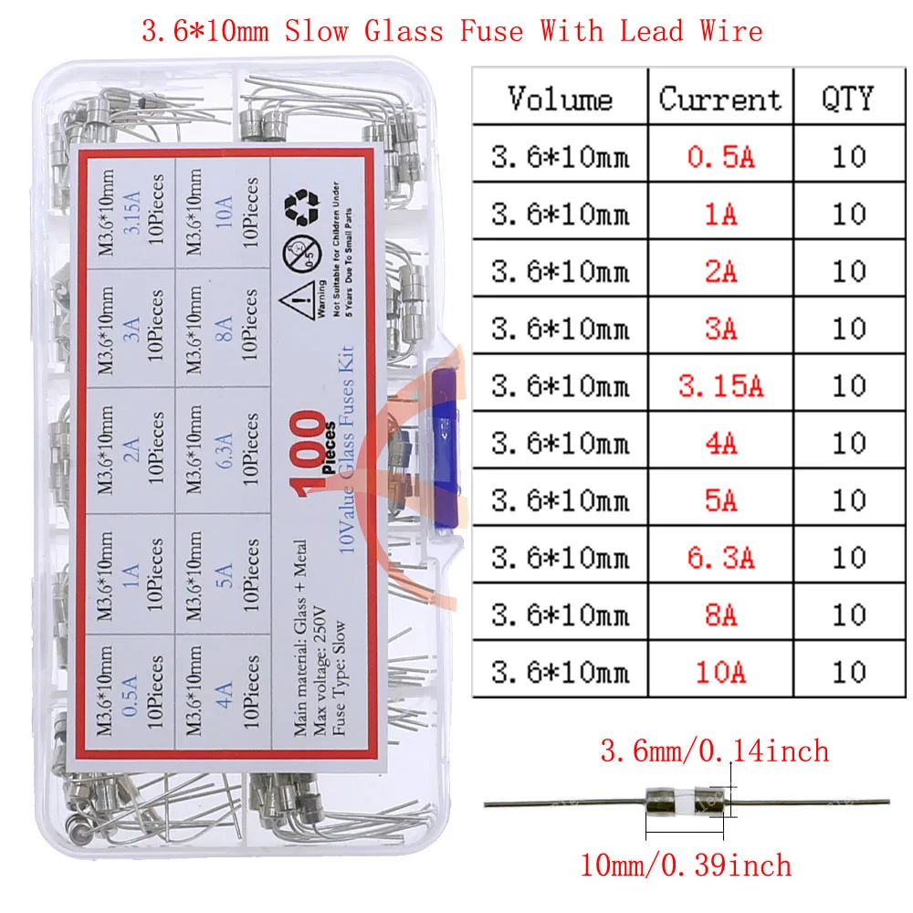 12V-250V 납선 믹스 키트가 있는 느린 고속 유리 퓨즈 0.1A 0.25A 0.5A 1A 2A 2.5A 3A 3.15A 4A 5A 6A 6.3A 8A 10A 15A 16A 20A 30A