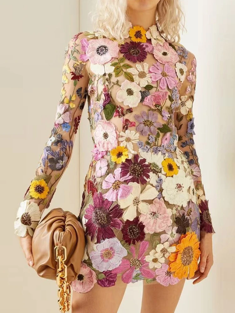 

Элегантное роскошное женское мини-платье с цветочной вышивкой, платья с коротким высоким воротником и длинным рукавом, весна-лето, женское вечернее платье