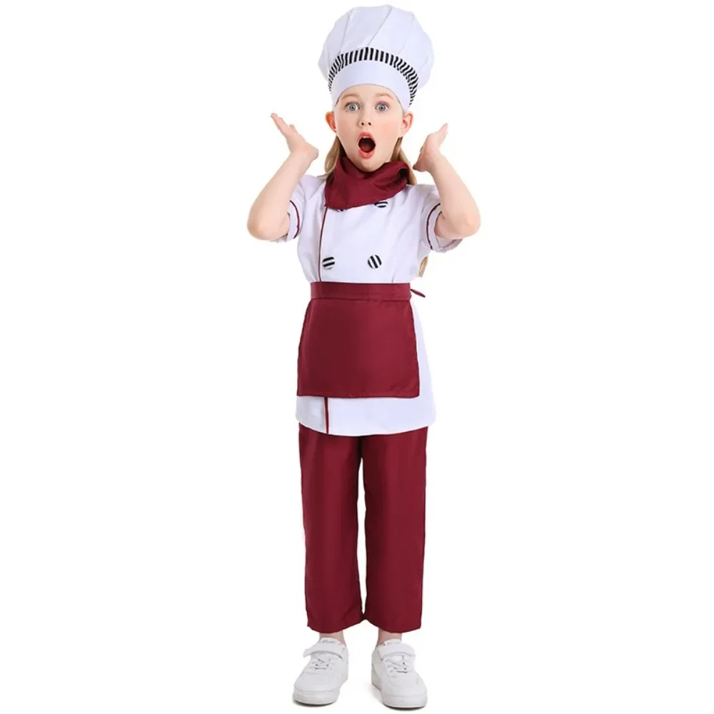 thumbnail image 1 of 2024 Nuevo disfraz de chef pastelero occidental para niños, bonito traje de actuación navideña, uniforme de chef panadero de pasteles de color rojo vino, 1 of 5