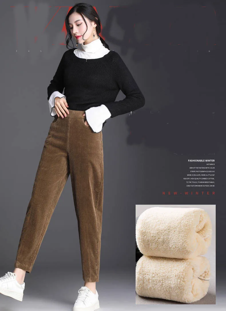 womens clothing 2021 New Women Pants Autumn Winter Corduroy Plush Thick Warm Long Pants High Waist Casual Loose Harem Trousers Pantalones baggy jeans