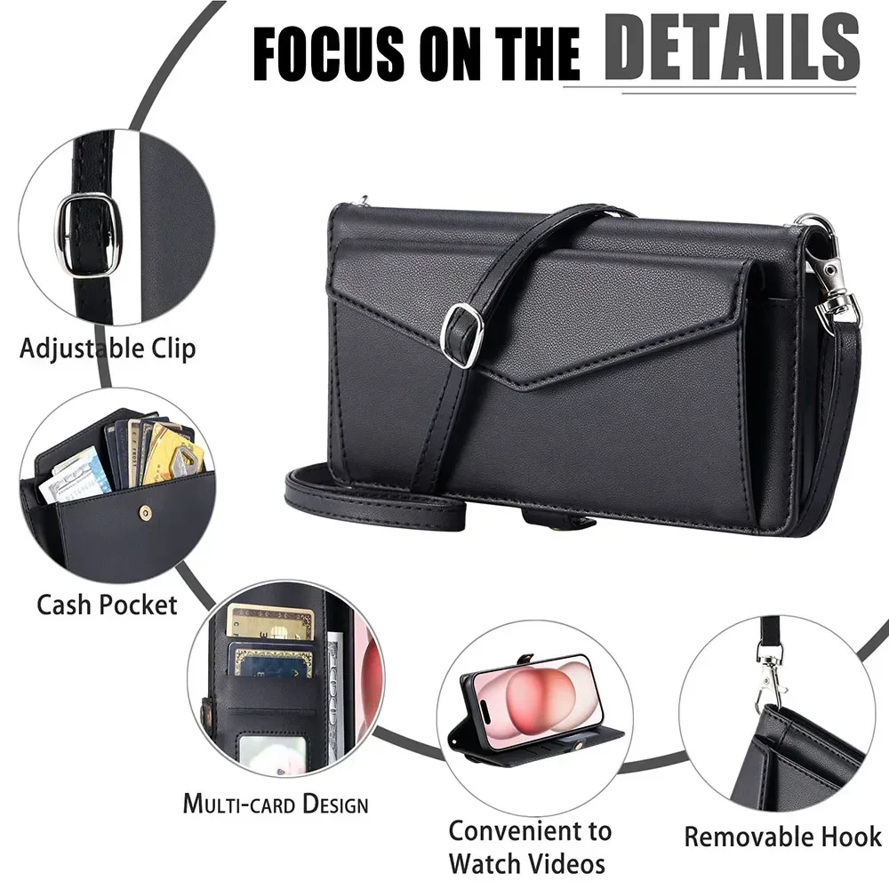 Versatile Multi Card Slots Wallet Case with Strap and Cash Pocket, Flip Cover Design