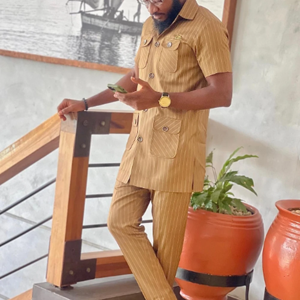 2024 Summer Short Sleeve Tops Pockets Pants Single Breasted Tuxedo 2PCS Men's SetsAfrican Ethnic Casual Kaunda Suit Wedding Wear 2