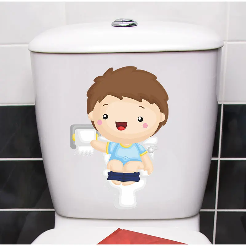 T195# Funny Toilet Stickers Cartoon Child Urination Toilet Lid WC Door Sticker Removable Self-Adhesive Decor Paper Household