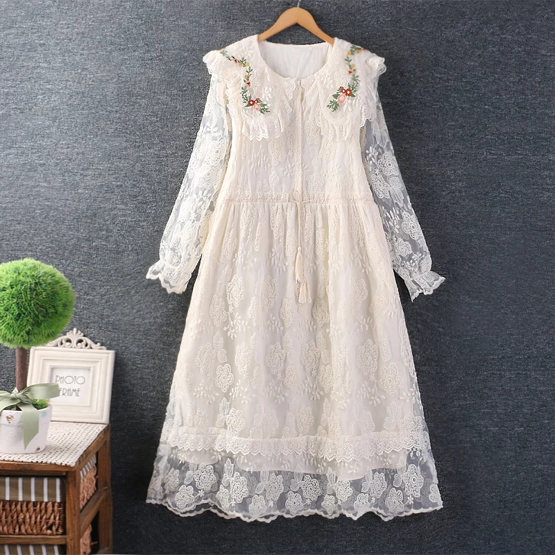 

Spring Sweet Organza Long Sleeve Embroidered Dress Women Drastring Waist Casual Midi Dress WH0319