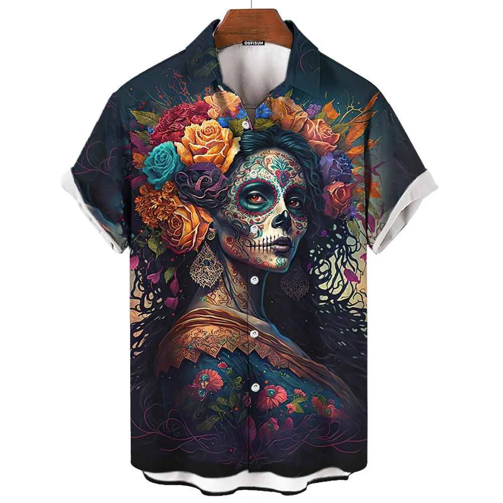 Day Of The Dead Skull Men's Short Sleeve Shirt 3d Print Retro Loose Oversized Festival Clothing casual short sleeved shirt,short sleeved shirt