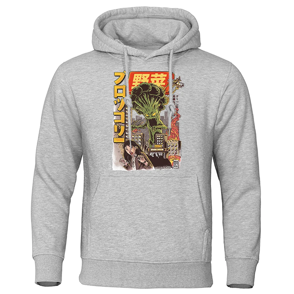 

Japan Harajuku Giant Broccozilla Attacking Humans Hoodie For Men O-Neck Pocket Pullover Fleece Hoody Autumn Pullover Man Hoody