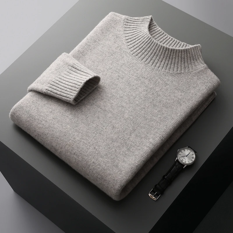 Winter Double Thick Men's Cashmere Sweater With Semi-High Neck High-End Warm Wool Knitted Bottoming Shirt fashion button solid color high neck bottoming shirt top knitted tight sweater autumn and winter women s warm bottoming shirt