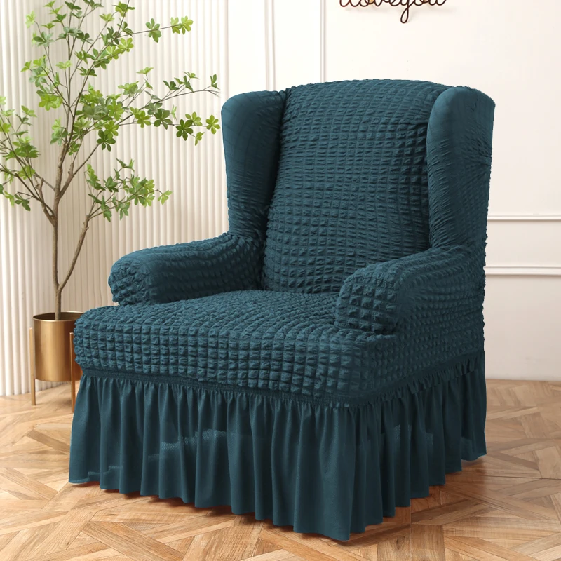 

Stretch Wingback Chair Cover Soft Seersucker Armchair Slipcover with Skirt Non Slip Washable Furniture Protector