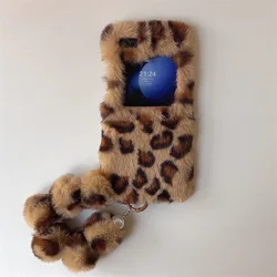 Leopard Print Fluffy Plush Wrist Strap Phone Case with Shockproof Protection - Galaxy Z Flip5 (Brown)
