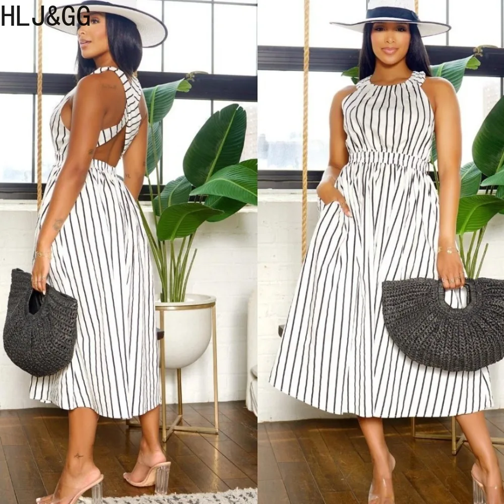 

HLJ&GG Elegant Lady Stripe Print Backless Sleeveless A-line Dress Women Round Neck Elastic Waist Loose Vestidos Spring Clothing