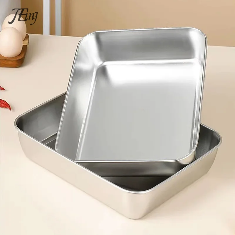 Stainless Steel Square Plate With Lid Rectangular Food Storage Pan Commercial Dish Tray Large Refreshing Lunch Box Container