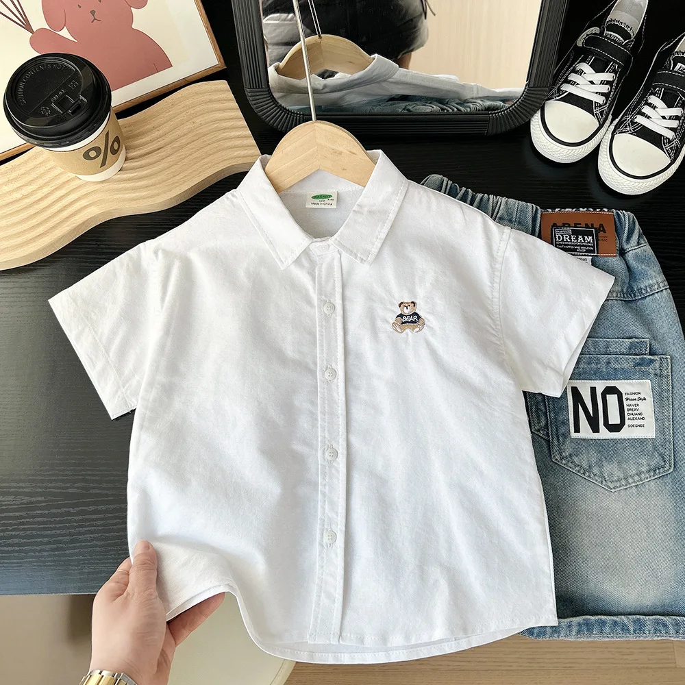 Summer Boys Cute Embroidery Bear Short Sleeve Blouse
