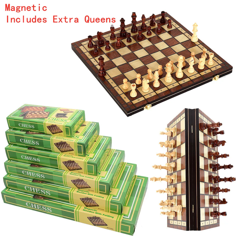 49/44/39/34/29/24CM Magnetic Foldable Wooden Chess Set for Kids & Adults Double Queens Brain-Teaser Board Game Toy
