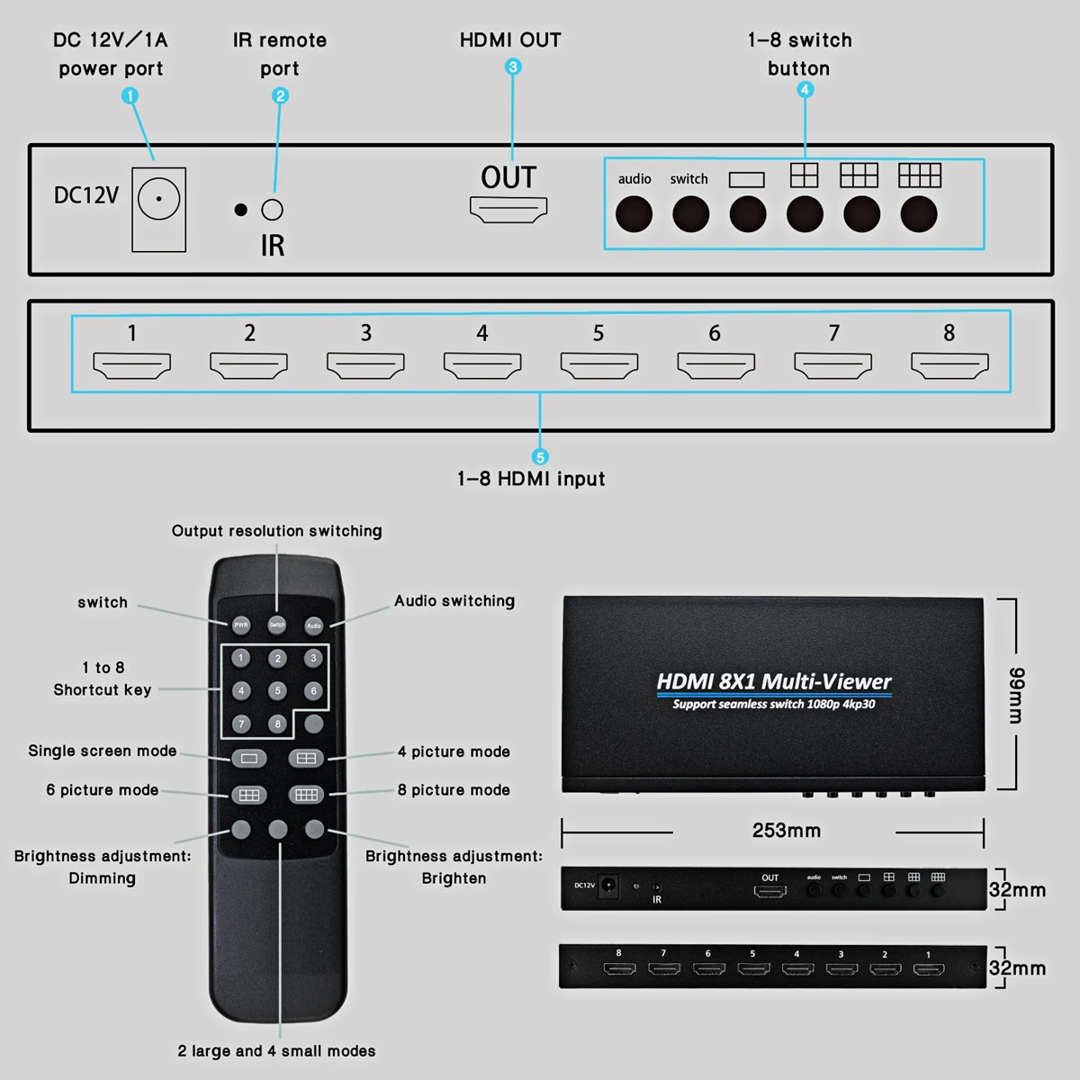 HD 4K HDMI Multiviewer 8x1 1080p  ũ Ƽ  4 6 8 ÷ 1 TV ɸ ġ PS4 DVD ī޶ PC , Ƽ , Ȱ, , 