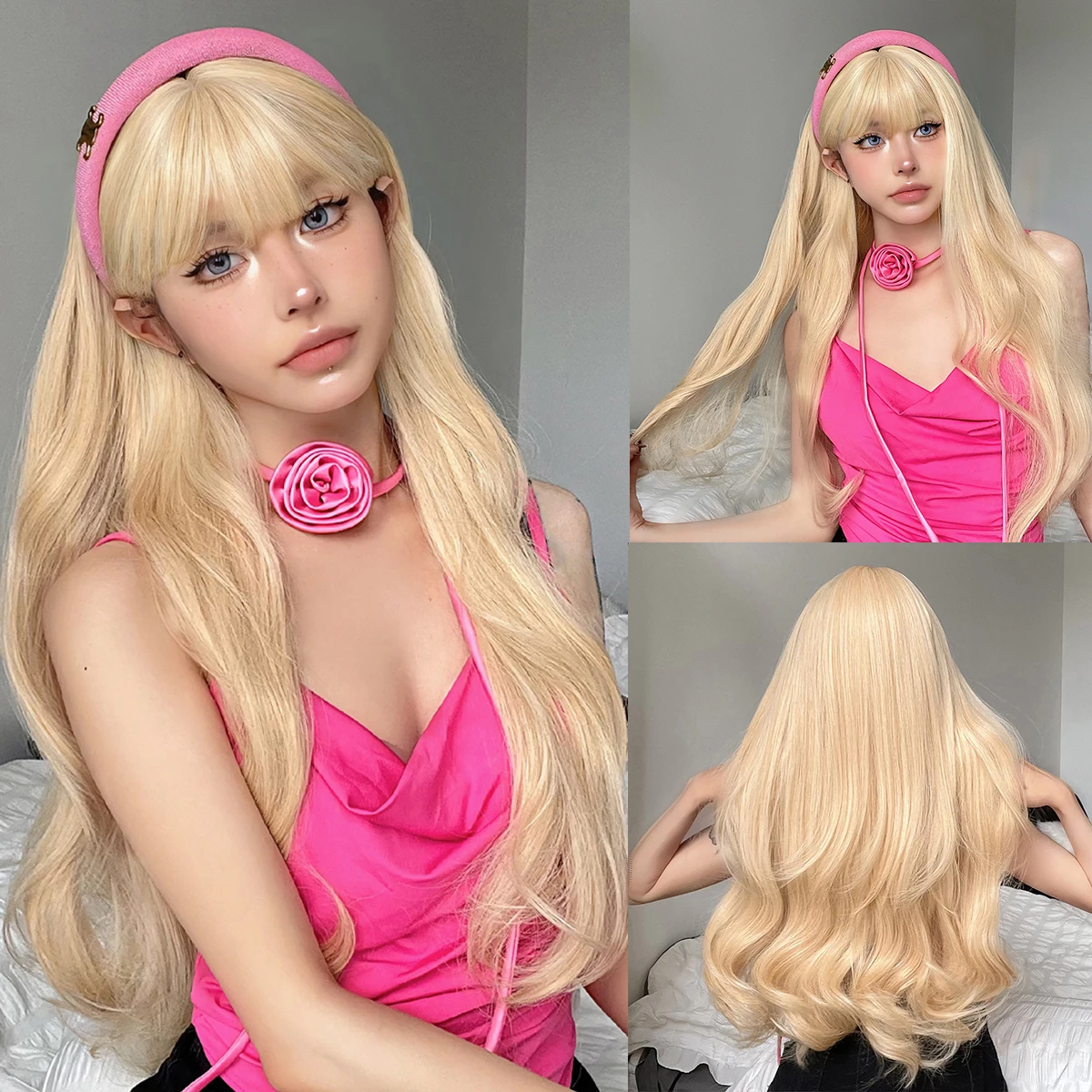 

EASIHAIR Blonde Synthetic Wigs with Bangs for Women Long Curly Natural Cosplay Party Daily Use Hair Wigs Heat Resistant Fiber