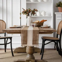 Cotton and Linen Stitching Table Runner Two-color Woven Tassels American Style Table Runners   Dinner Table Decoration