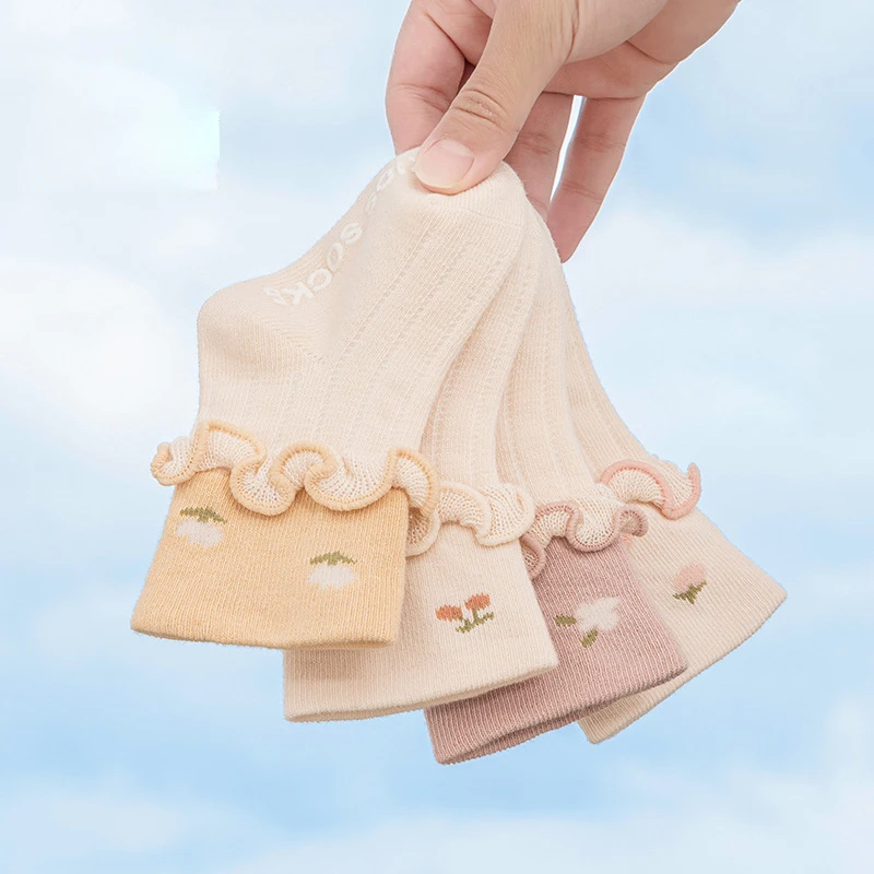 

2024 Spring Baby Girls Socks Newborn Toddler Princess Lace Socks Baby Non-slip Floor Socks for 0-5Y Kids Girls Flower Socks