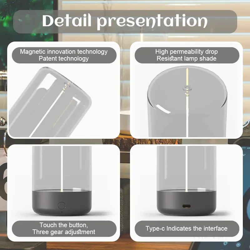Cordless Table Lamp Magnetic Filament Movable Minimalist Table Lamp With 3 Levels Touch Dimmable Rechargeable Nightstand Lights 6