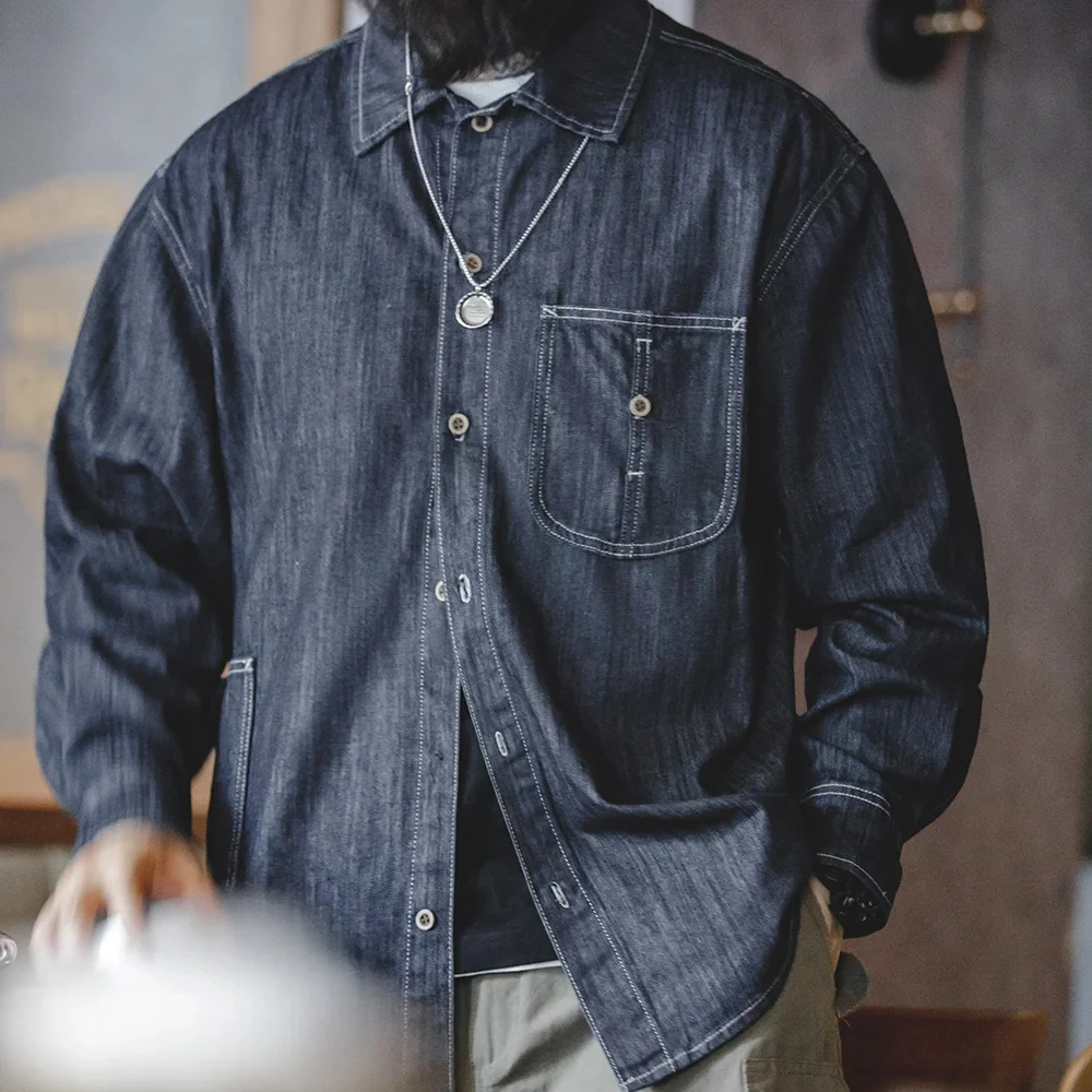 Maden Vintage Washed Denim Long-sleeved Shirt with Large Pocket Single-breasted Loose Lapel Blouses for Men's Autumn Tops 5