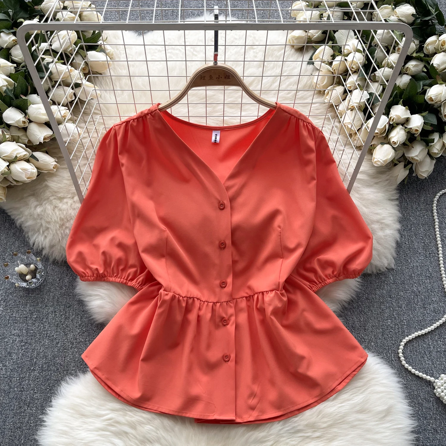 

Elegant print Puff sleeve v neck blouse Chic Vintage Korean Fashion Crop Top Women Summer sweet basics Shirts Clothing