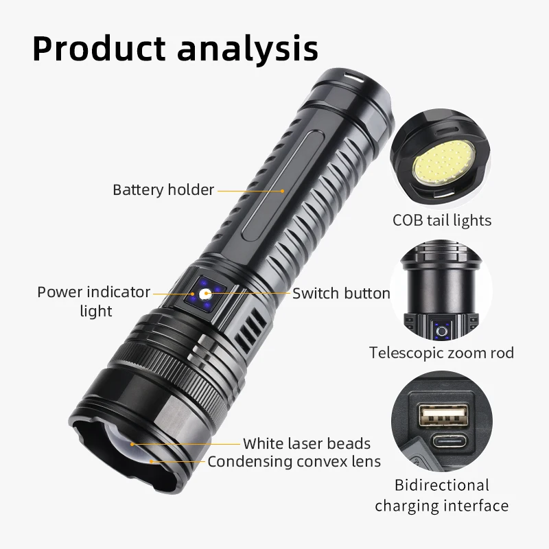 COBA Flashlight Built-in Battery Flash Light Emergency Spotlights 4km 10000LM Most Powerful Led Flashlights Tactical 15000mah