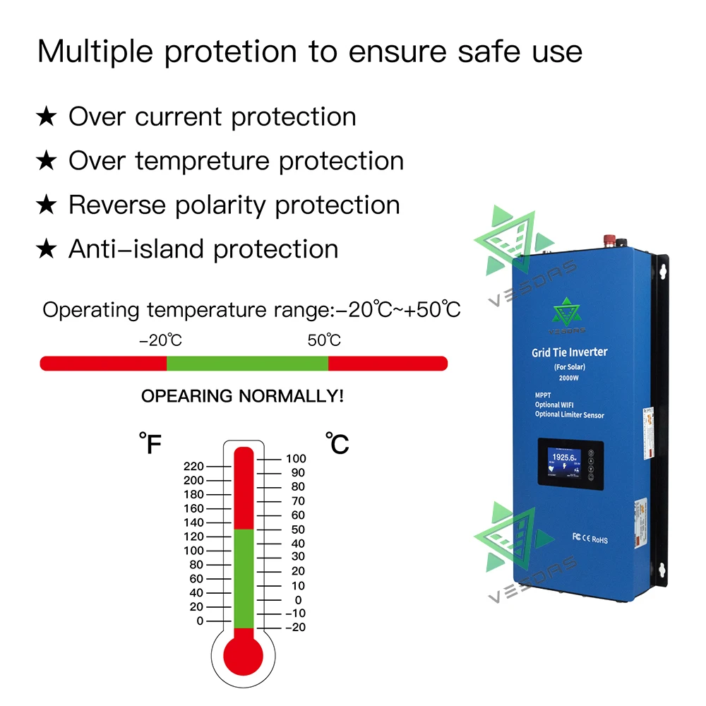 2000W 태양 광 인버터 3M 리미터 센서 45-90VDC MPPT 그리드 넥타이 Inversor 순수 사인파 230V 350W 400W 500W PV