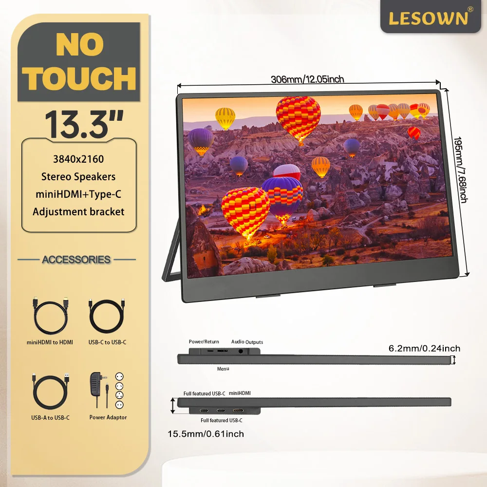 شاشة LESOWN 13.3 بوصة 4K محمولة UHD 3840x2160 IPS...
