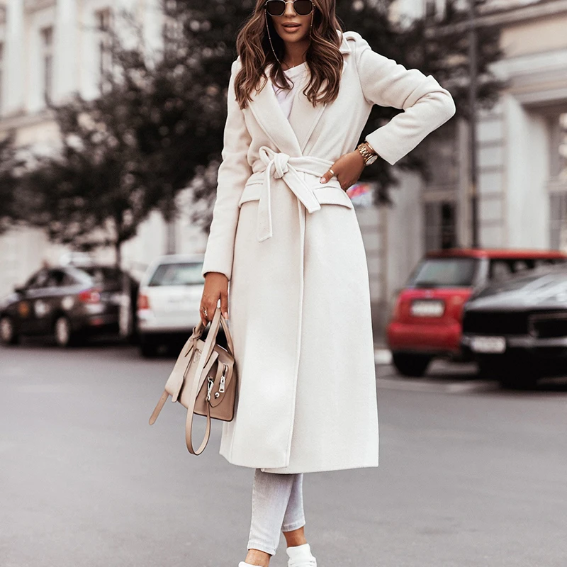 New Long Sleeve Outerwear Women Simple Lace-up Solid Long Cardigan Coats Autumn Winter Elegant Lapel Wool & Blends Jacket Tops