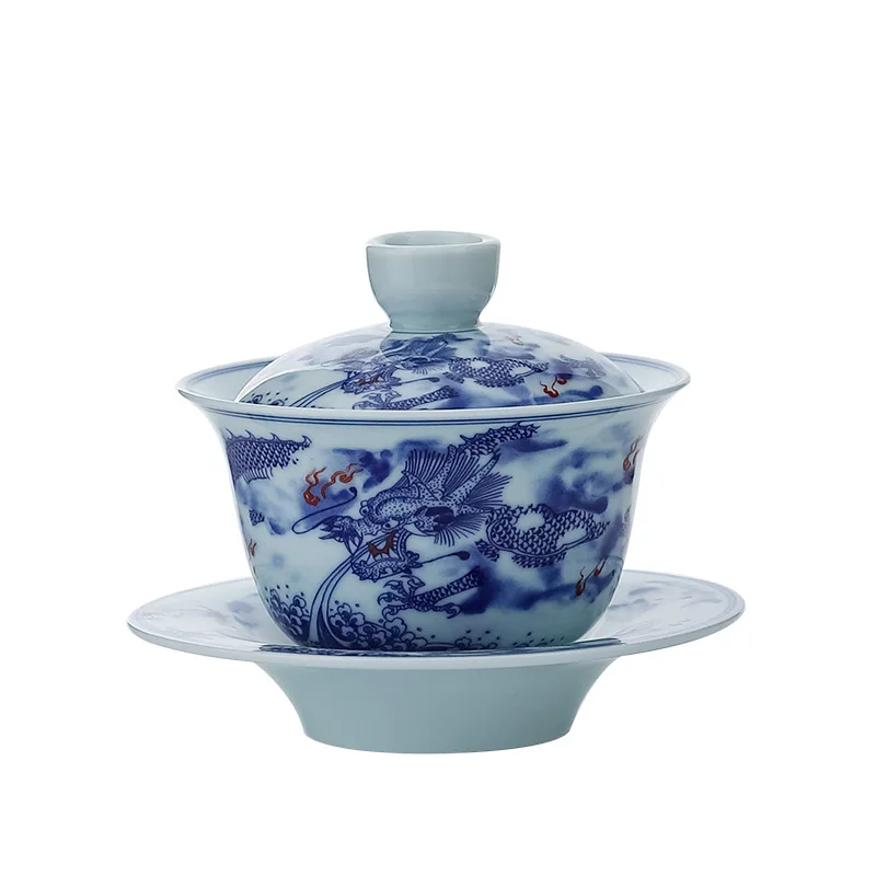 Chinese Retro Sancai Gaiwan Blue and White Tea Tureen Ceramic Teaware Tea Cup Set Handmade Porcelain Gongfu Bowl Cups